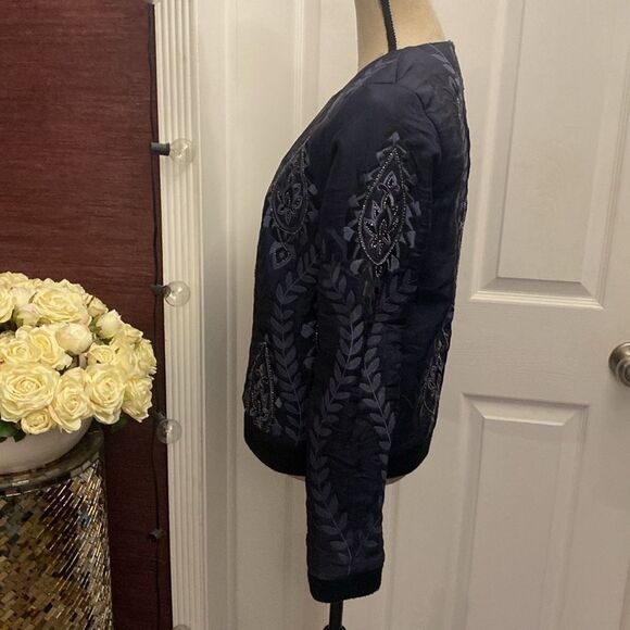 Parker Navy Blue silk Embroidered/beaded Women's bomber jacket , L - Picture 8 of 12
